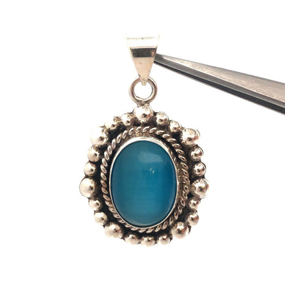 Designer ATI Mexico 925 Sterling Silver Oval Blue Cat's Eye Statement Pendant