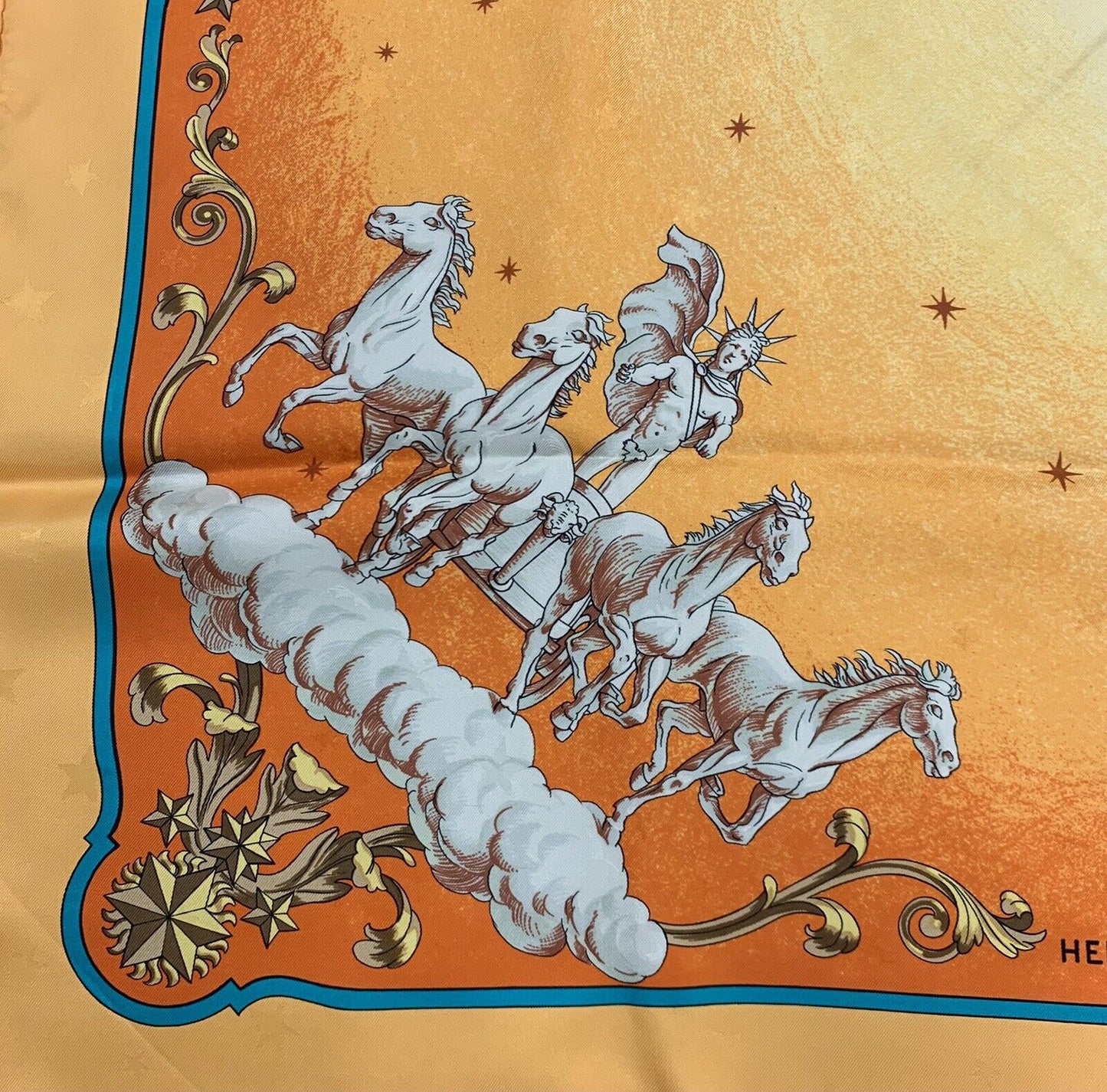 Hermes Carre 90 100% Silk Paris P Ledoux Cosmos Orange/Ylw Neckerchief Scarf