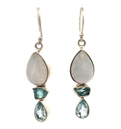 Vintage YS 925 Sterling Silver Moonstone Blue Topaz Tourmaline Dangle Earrings