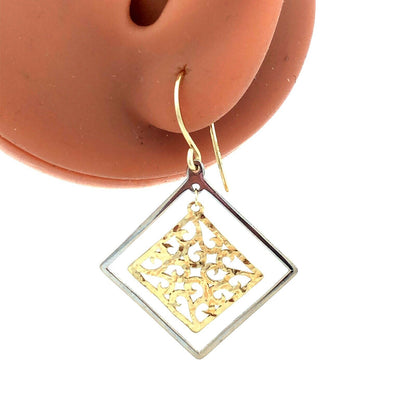 Designer 14K Yellow White Gold Open Scroll Square Dangle Hook Earrings