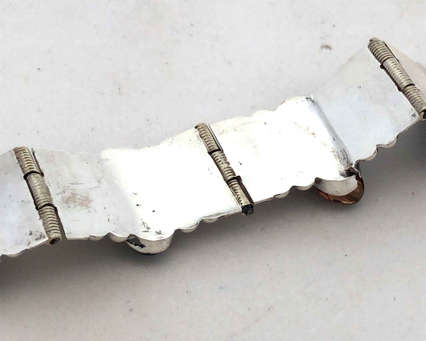 Modernitst Taxco Sterling Silver Oval Black Onyx Cabochon Beaded Panel Bracelet