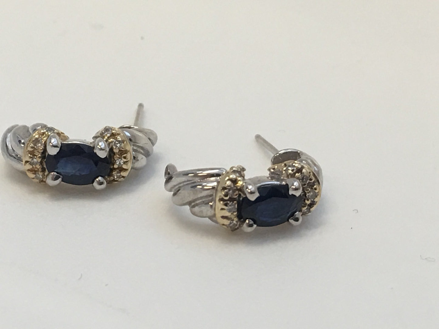 Stunning 14K White Yellow Gold Oval Sapphire Diamond Half Hoop Earrings