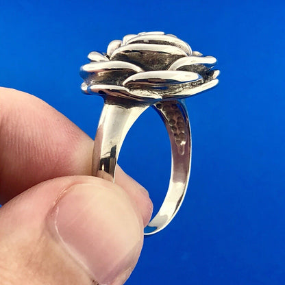 Fun 925 Sterling Silver Textured Rose Camellia Flower Statement Ring