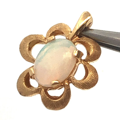 Modernist 14K Yellow Gold Oval Opal Textured Flower Shape Petite Pendant