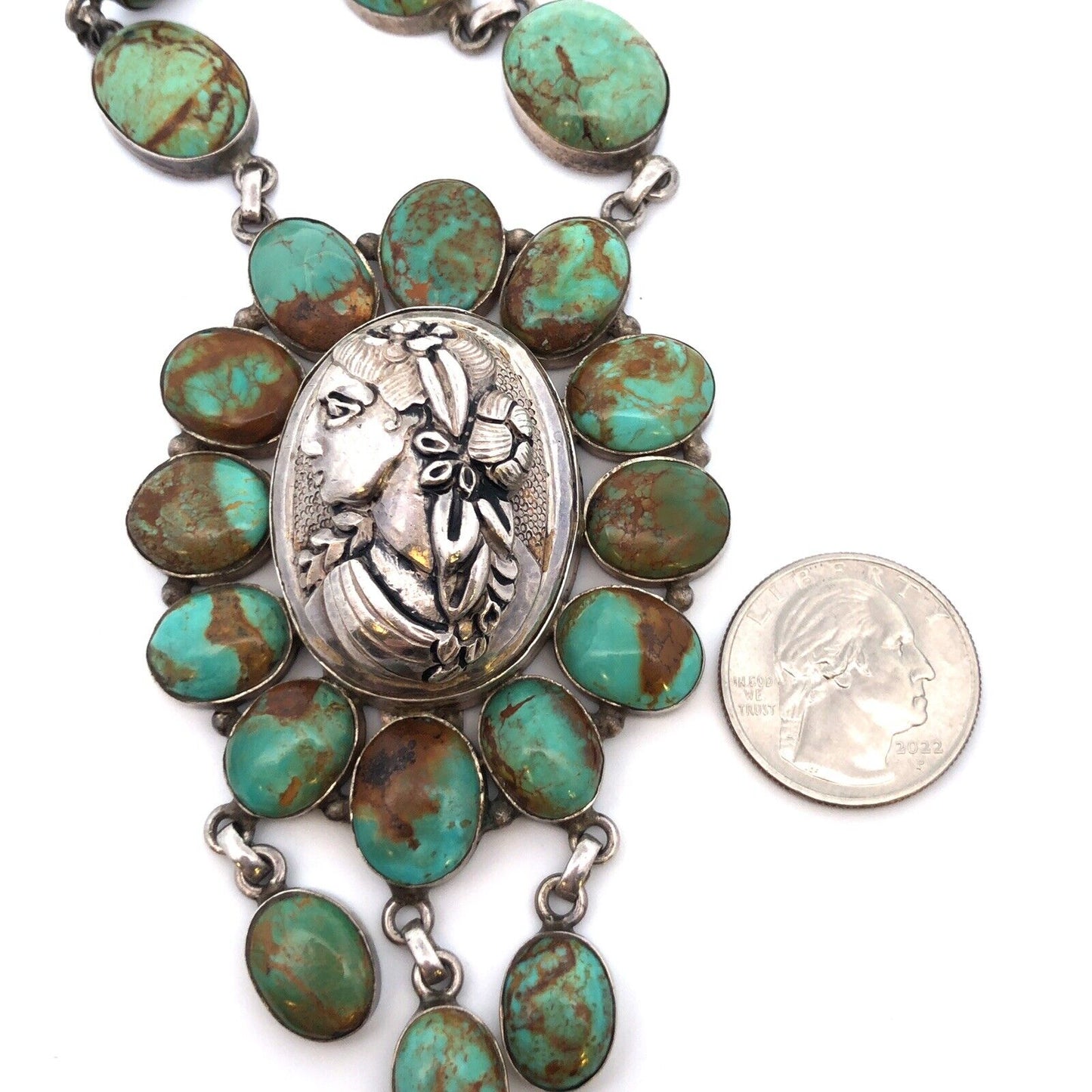 Vintage Native American 925 Sterling Silver Green Turquoise Statement Necklace