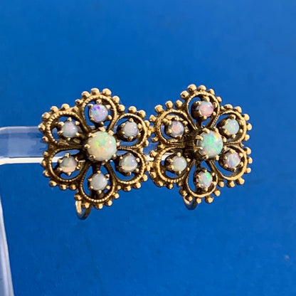 Vintage 14K Yellow Gold Opal Flower Cluster Screw Back Earrings