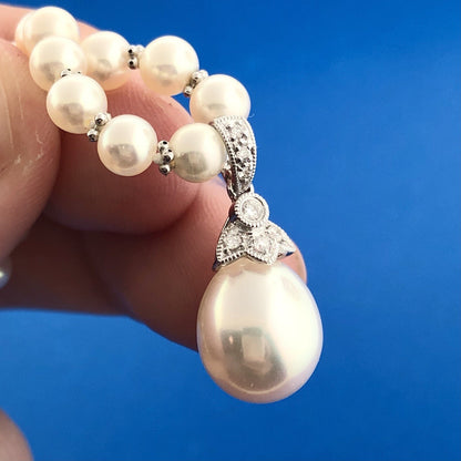 Fabulous 18K White Gold Diamond Pearl Wedding Bridal Drop Pendant Necklace