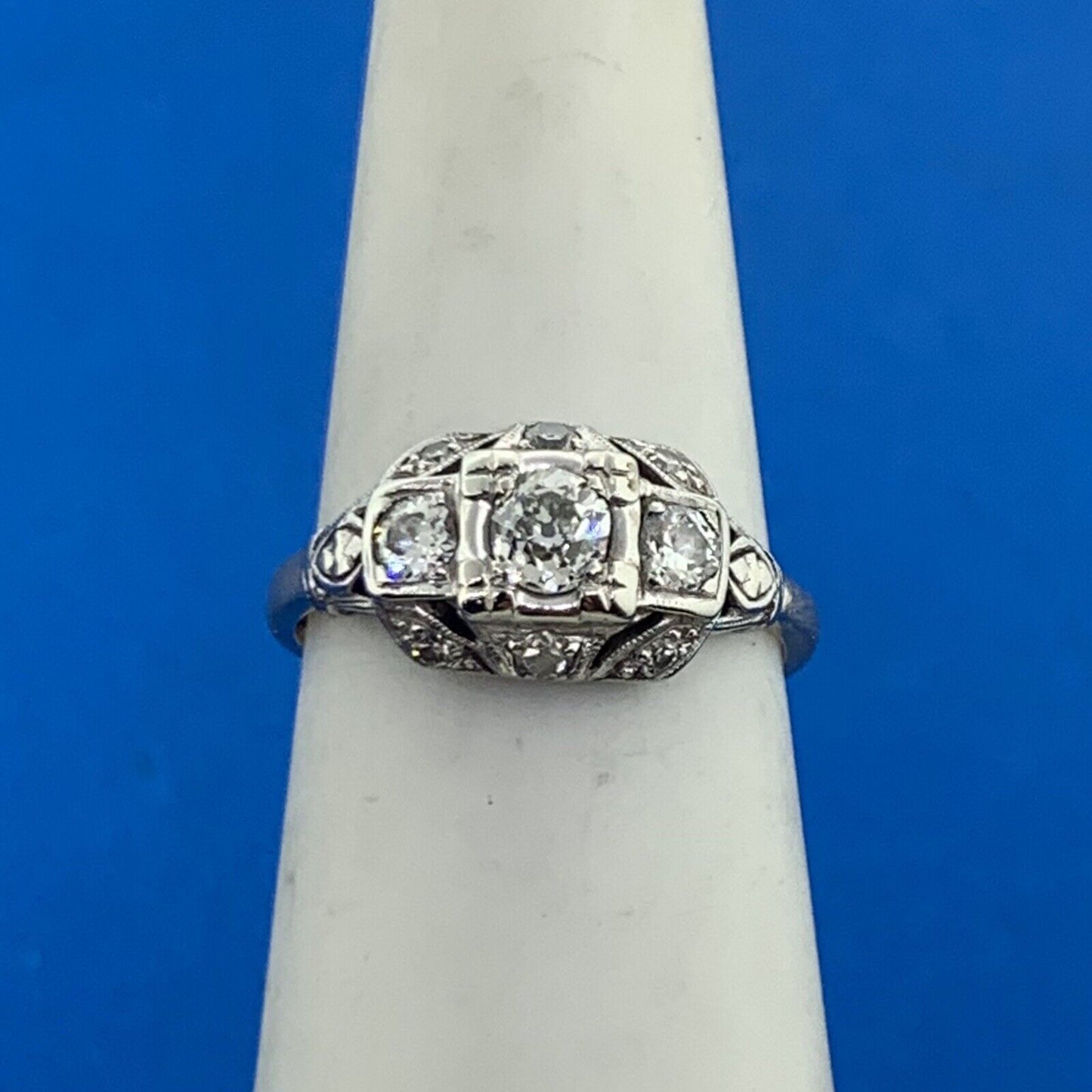 Vintage 14K Yellow White Gold Miner's Cut Diamond Trio w/Accents Cocktail Ring