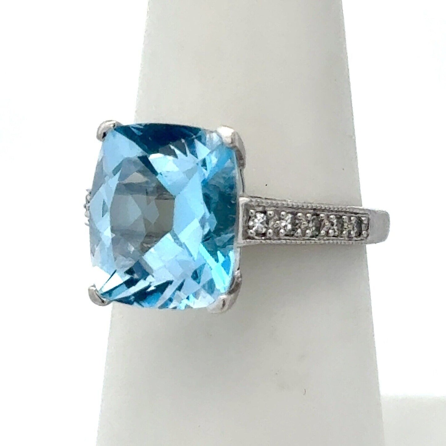 Designer 14K White Gold Radiant Cushion Cut Blue Topaz Diamond Accented Ring