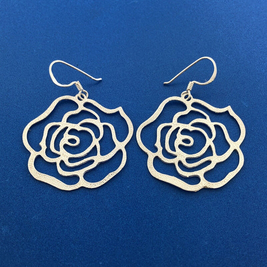 Designer FAS Sterling Silver 925 Openwork Rose Flower Dangle Hook Earrings