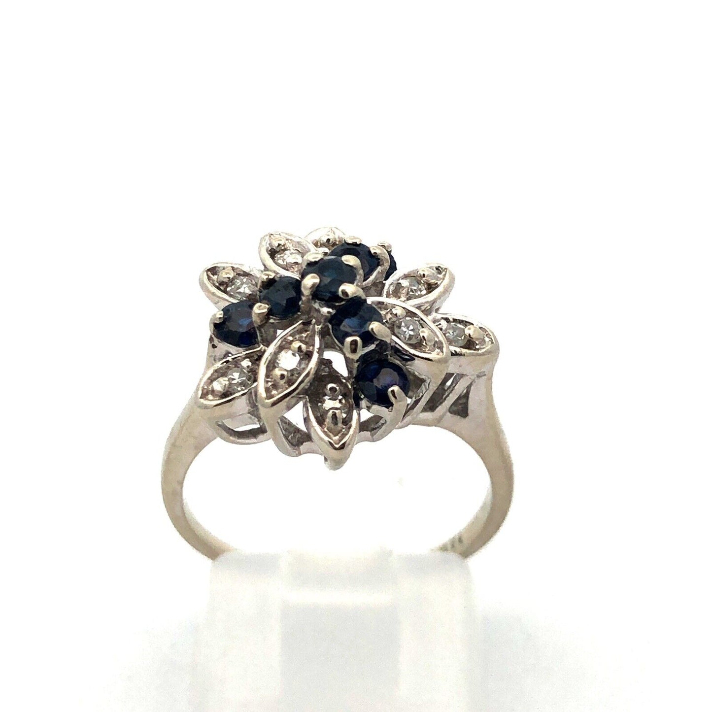 Designer 14K White Gold Sapphire Diamond Leaf Cluster Cocktail Ring