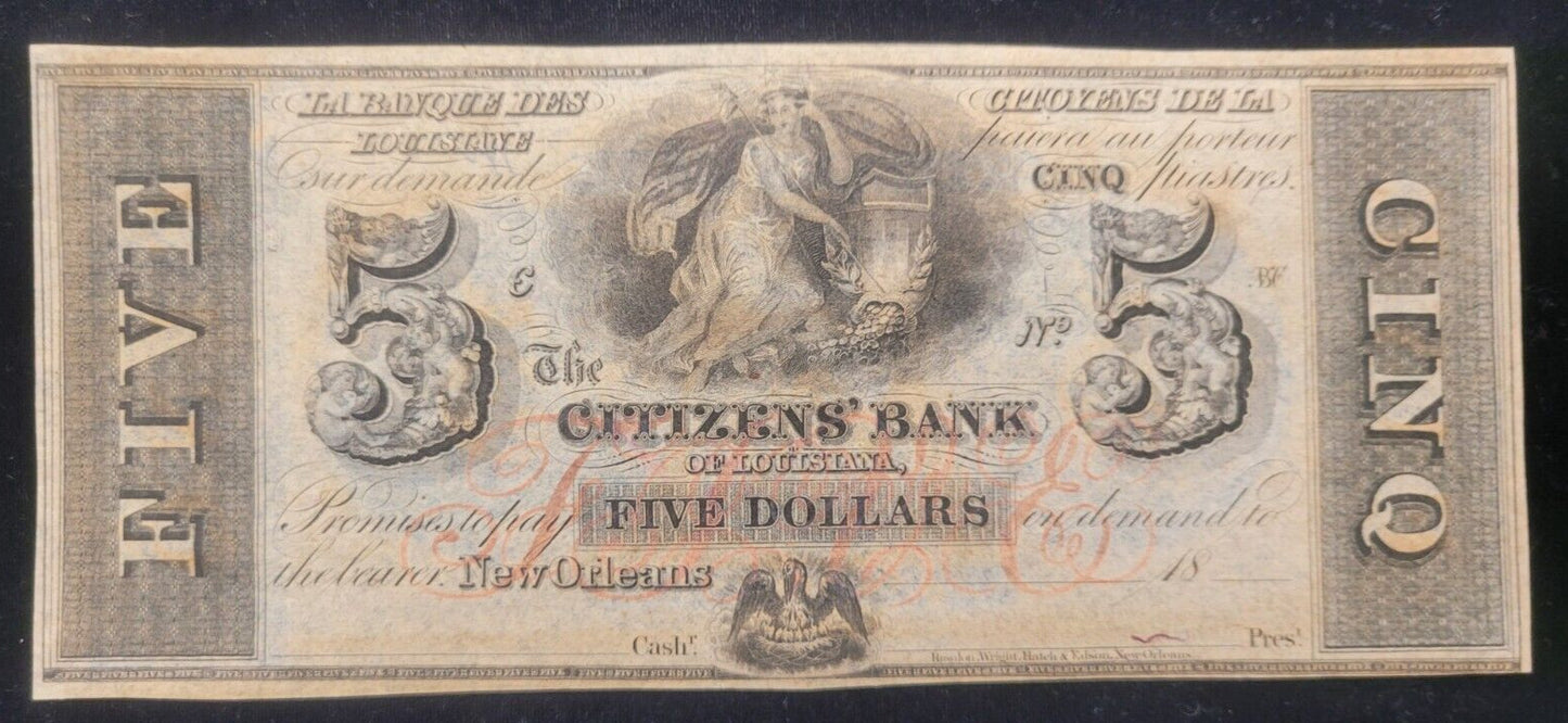 1800s $5 Citizens' Bank of Louisiana, New Orleans Obsolete Currency Bank Note