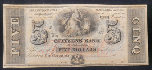 1800s $5 Citizens' Bank of Louisiana, New Orleans Obsolete Currency Bank Note