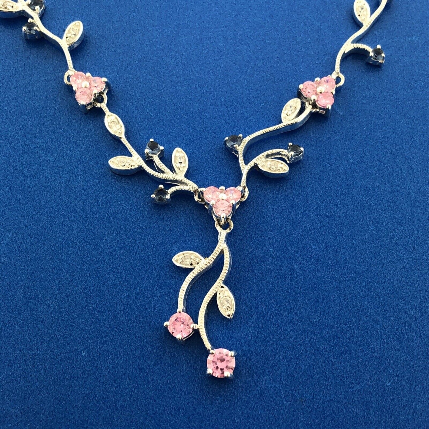 Exquisite Sterling Silver 925 Blue Pink White CZ Floral Scroll Drop Necklace