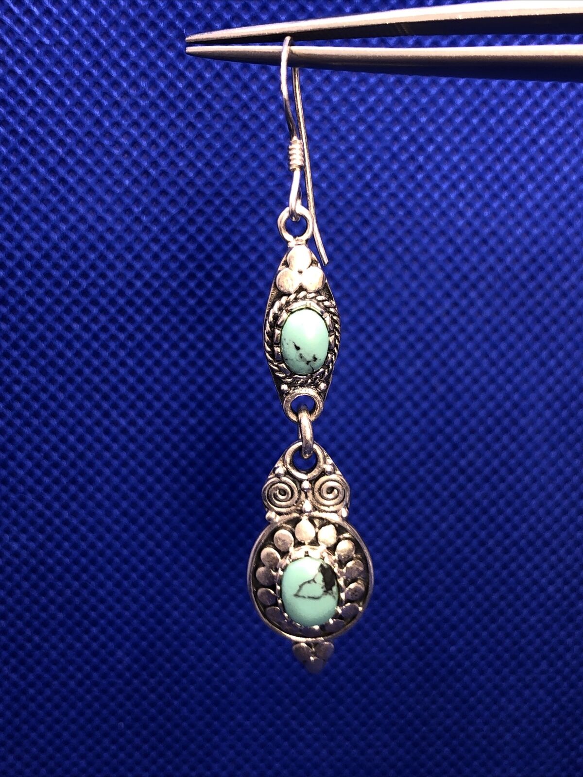 Native American Signed 925 sterling Silver Blue Turquoise Dangle Hook Earrings