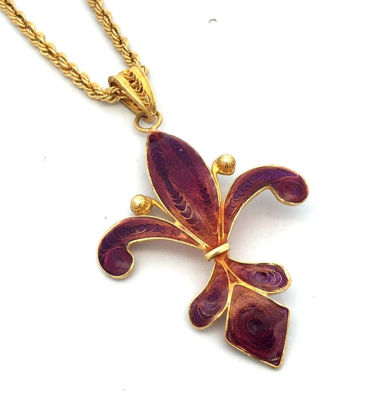 Milor 925 Sterling Silver Vermeil Purple Enamel Fleur De Lis Adjustable Necklace