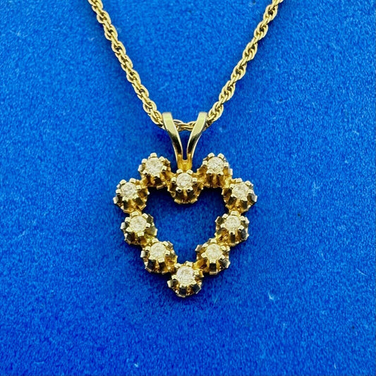 Vintage 14K Yellow Gold Diamond Heart Love Pendant Chain Necklace