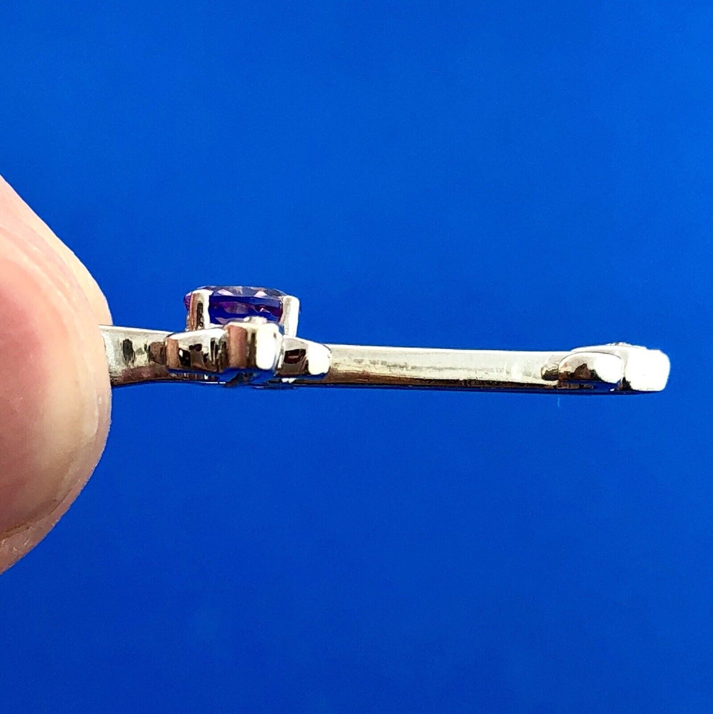 Designer 10K White Gold Amethyst Diamond Fleur De Lis Cross Religious Pendant