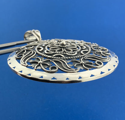 Designer Doug Paulus dP 925 Sterling Silver Floral Scroll Statement Disc Pendant