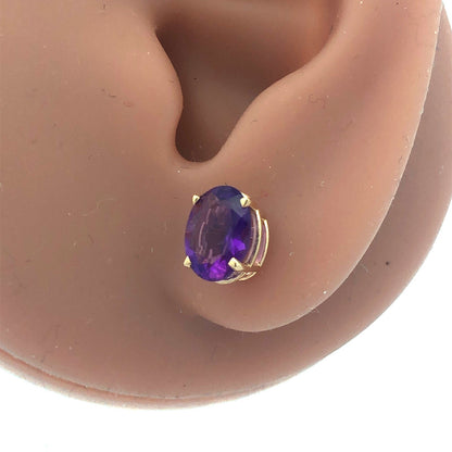 Classic 14K Yellow Gold Oval Amethyst February Birthday Statement Stud Earrings