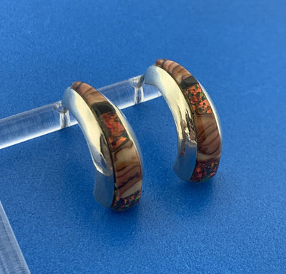 Native American 925 Sterling Silver Banded Agate Opal Inlay Half Hoop Earrings