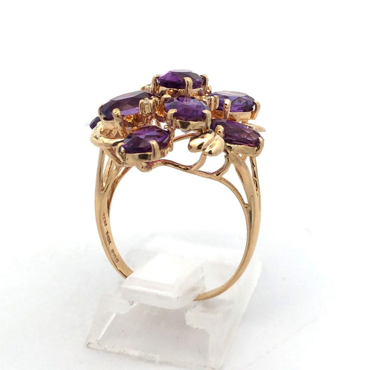 Designer 14K Yellow Gold Lab Created Oval Amethyst Diamond Cluster Cocktail Ring