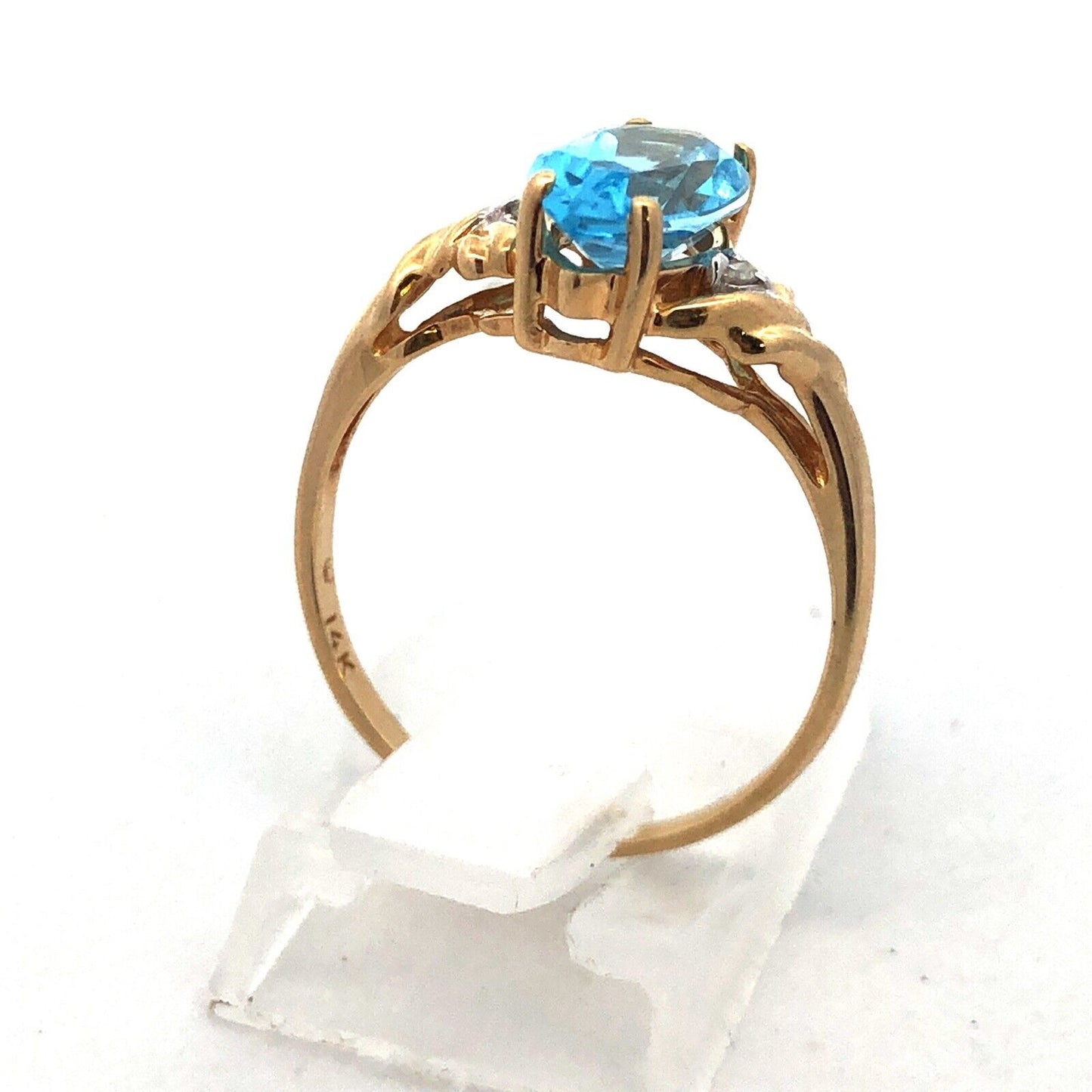 14K Yellow Gold Marquise Blue Topaz Diamond Anniversary Cocktail Statement Ring