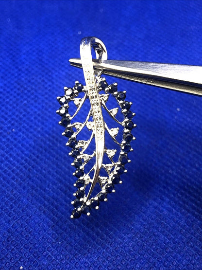 Designer GRP Blue Sapphire Diamond 925 Sterling Silver Leaf Nature Pendant