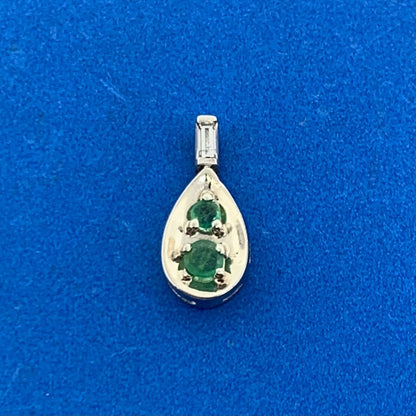 14K White Gold Emerald Diamond Baguette Accented Pear Shaped Pendant
