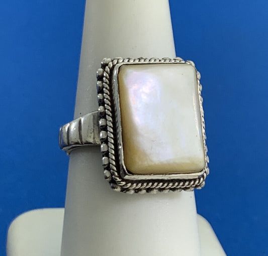 Vintage Mother of Pearl 925 Sterling Silver Rectangle Statement Ring