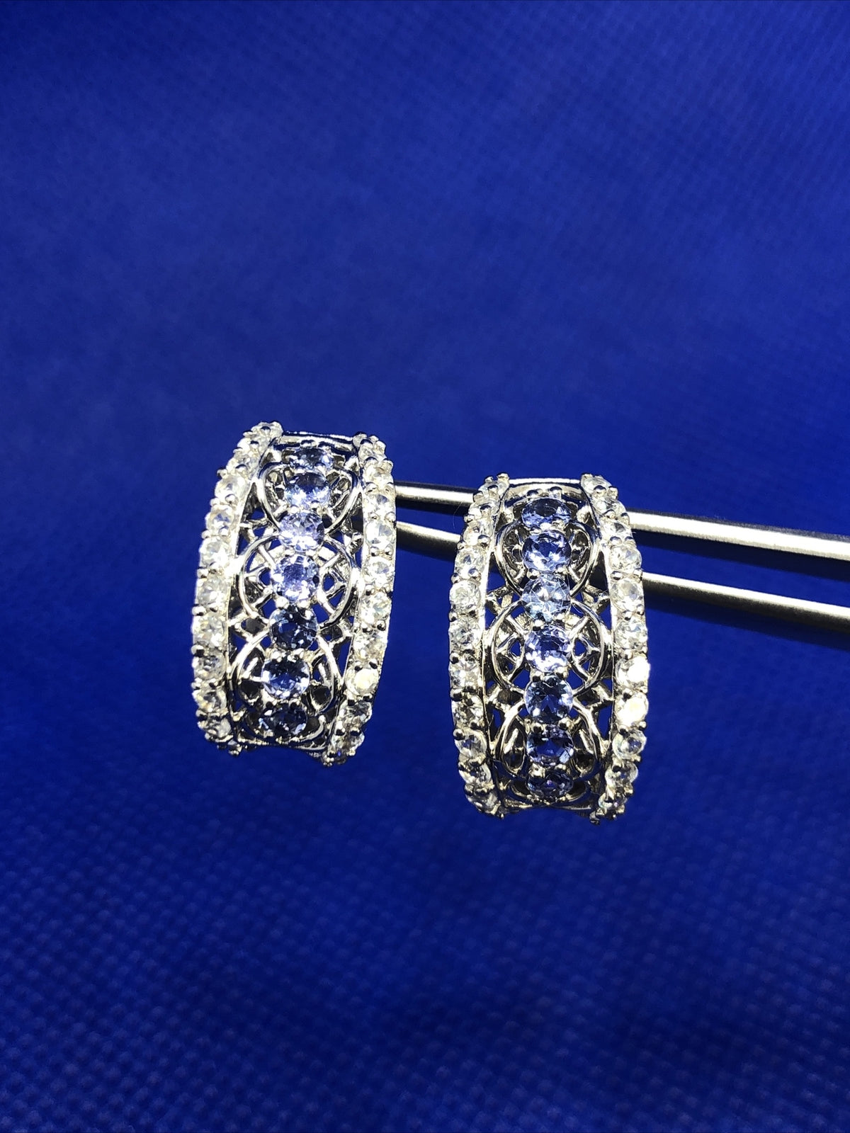 Designer 925 Sterling Silver Tanzanite & White Topaz Shrimp Style Stud Earrings