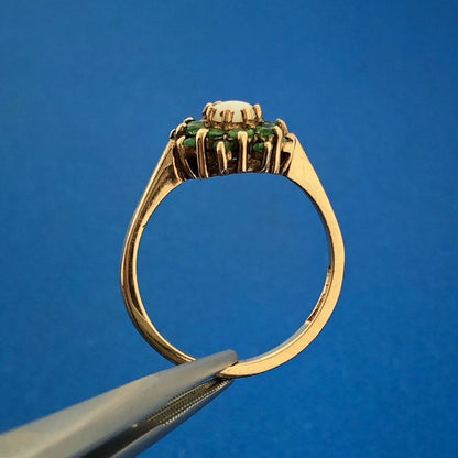 Gorgeous English 14k Yellow Gold Opal Round Emerald Cluster Ring Size 7.25