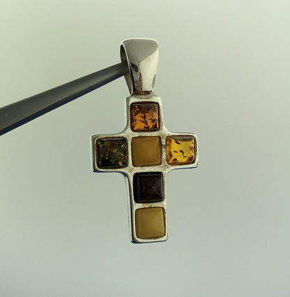 Vintage Poland Sterling Silver Baltic Amber Religious Communion Cross Pendant
