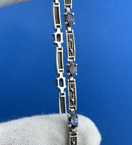925 Sterling Silver Oval Tanzanite Marcasite Accented Tennis Bracelet