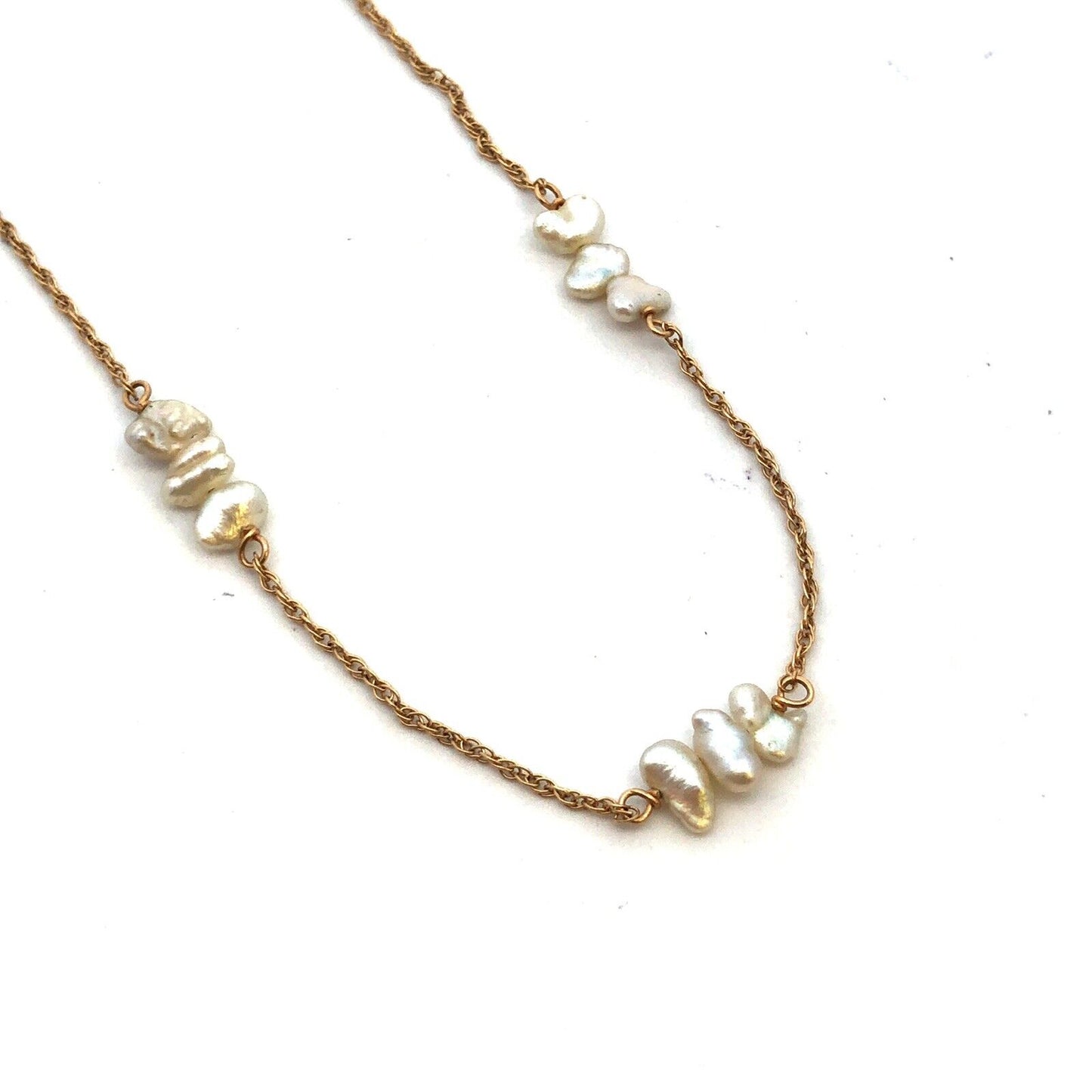 Estate 14K Yellow Gold Keshi Pearl Beaded Chain Station Necklace