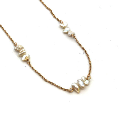 Estate 14K Yellow Gold Keshi Pearl Beaded Chain Station Necklace