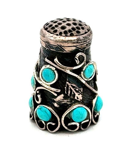 Vintage Taxco Mexico 925 Sterling Silver Turquoise Vines Scroll Thimble