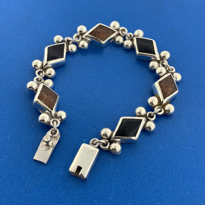 Vintage Taxco TH-40 925 Sterling Silver Black Onyx Goldstone Link Panel Bracelet