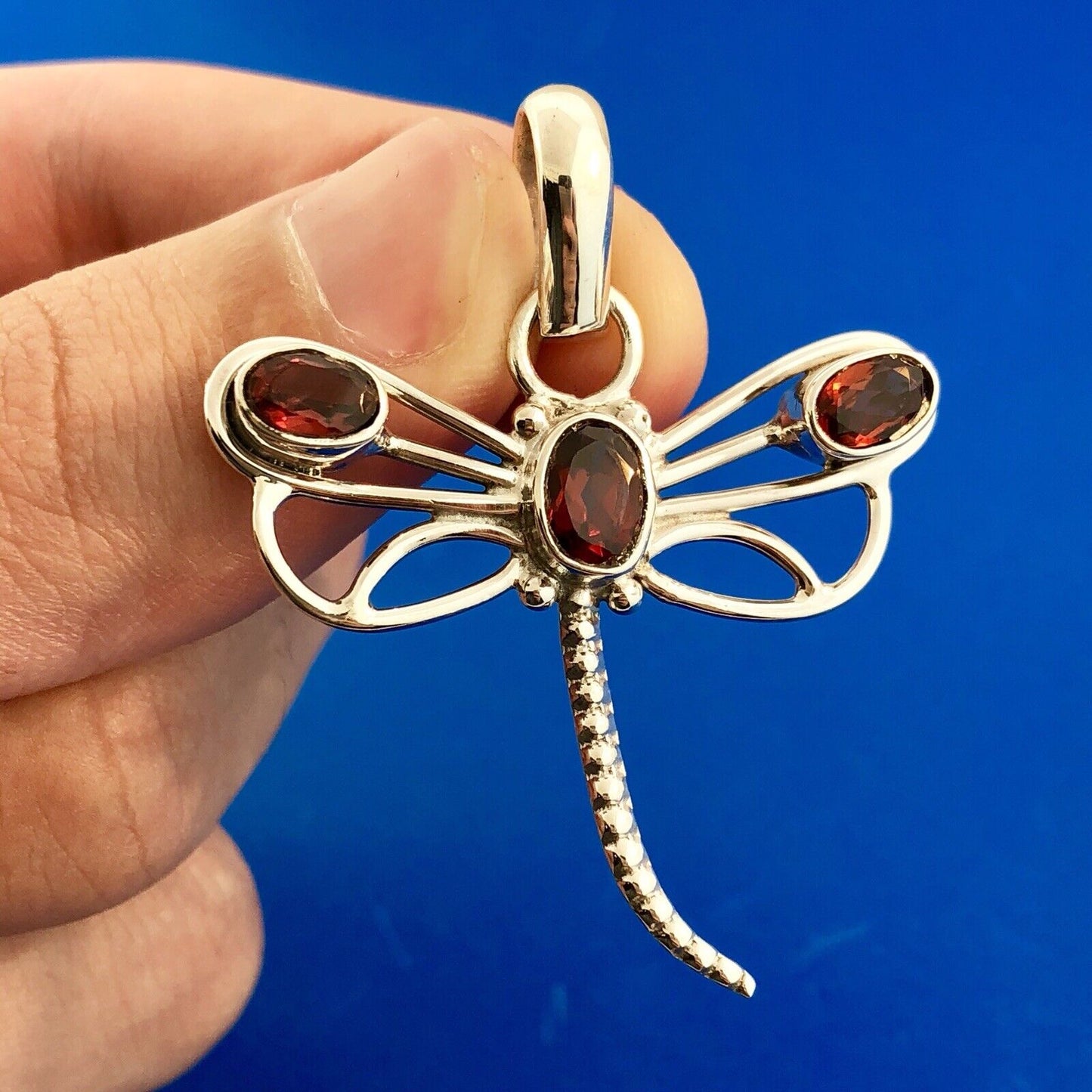 Sterling Silver 925 Garnet 3D Open Work Dragonfly Insect Statement Pendant