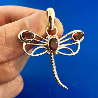 Sterling Silver 925 Garnet 3D Open Work Dragonfly Insect Statement Pendant