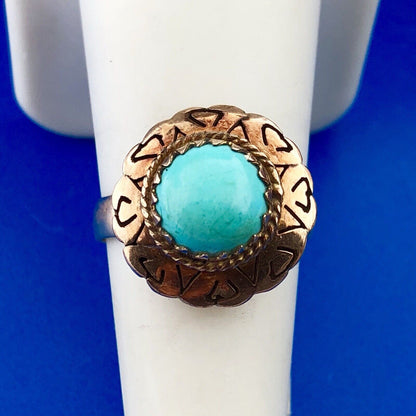 Vintage 14K Yellow Gold Turquoise Cocktail Ring Size 7.25