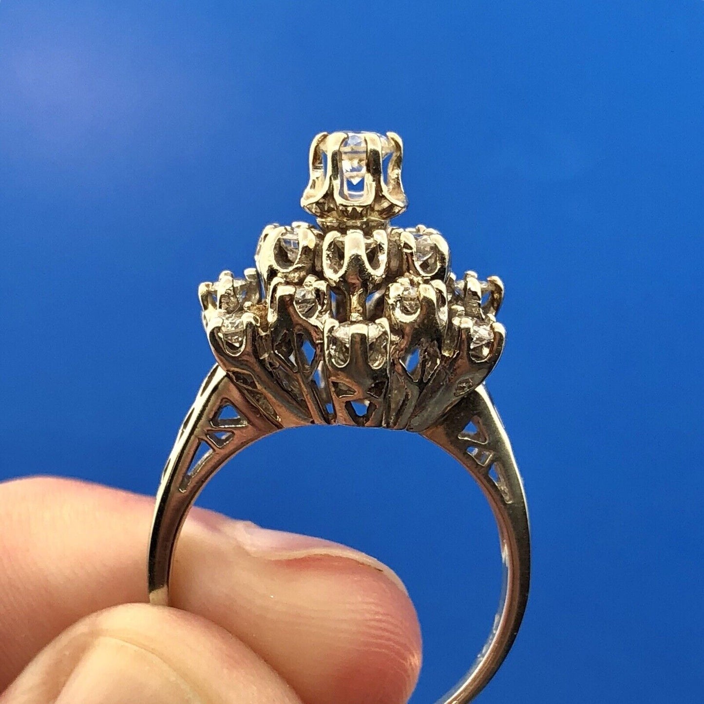 Estate 14K White Gold Diamond Star Cluster Princess Style Cocktail Ring