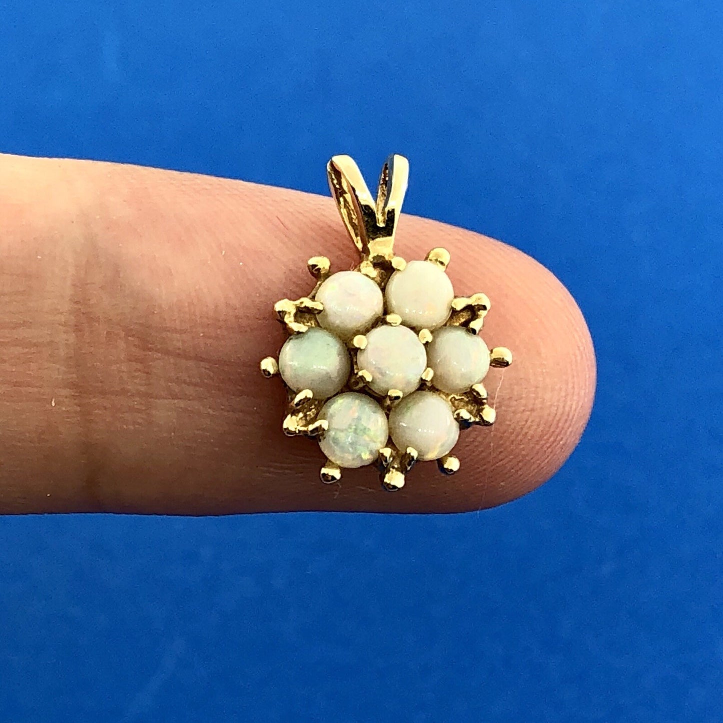 Vintage 14K Yellow Gold Opal Flower Cluster October Anniversary Charm Pendant