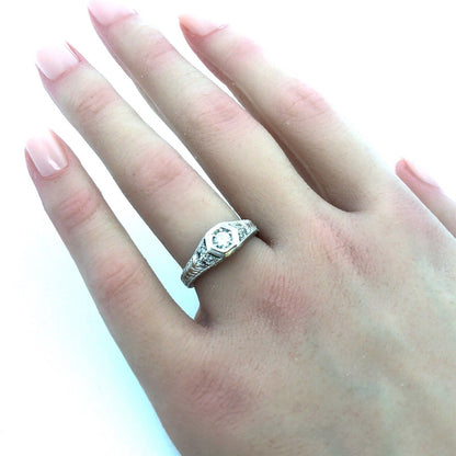 14k White Gold Round Solitaire Diamond W/Accents Art Deco Engagement Ring
