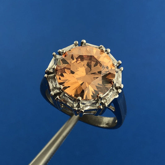 Dramatic 925 Sterling Silver Orange White Cubic Zirconia Statement Cocktail Ring