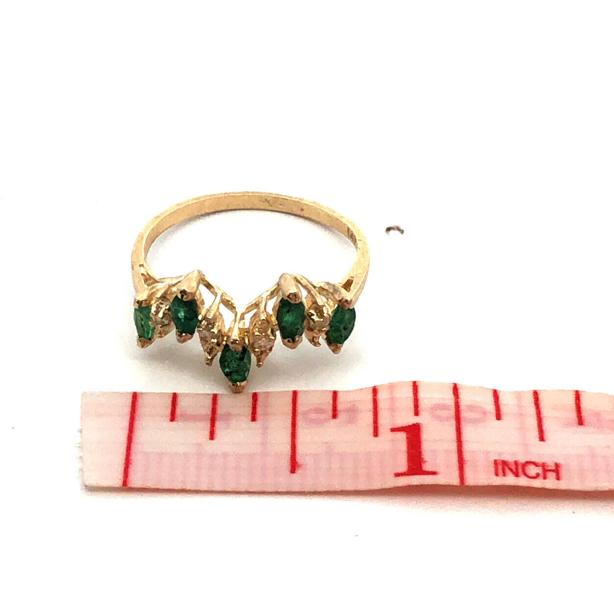 Estate 14K Yellow Gold Marquise Emerald Diamond Stacking Band Ring