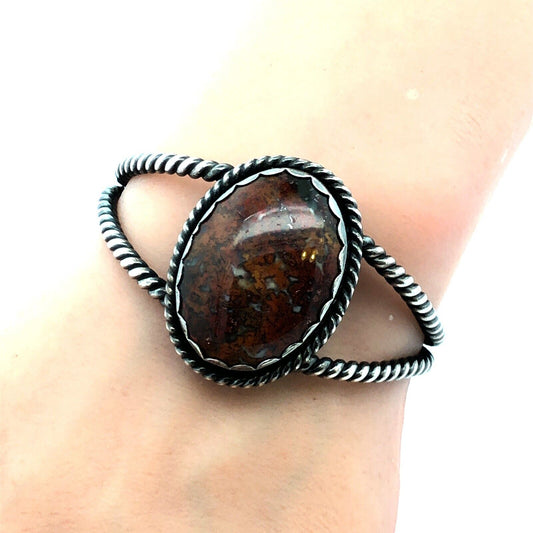 Vintage 925 Sterling Silver Brown Agate Cabochon Statement Open Cuff Bracelet