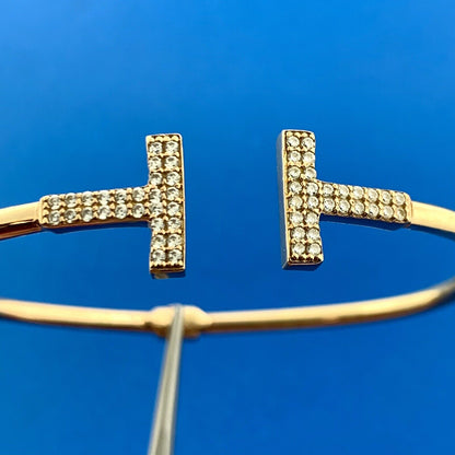 Designer 18k Yellow Gold Cubic Zirconia CZ T Shaped Open Hinged Bangle Bracelet