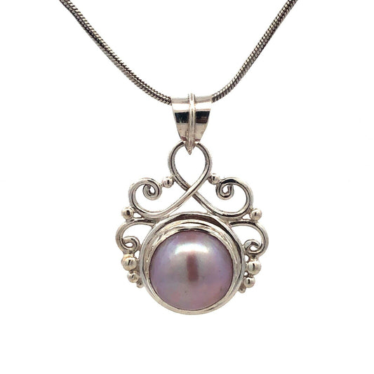 Vintage 925 Sterling Silver Pink Pearl Filigree Pendant Snake Chain Necklace