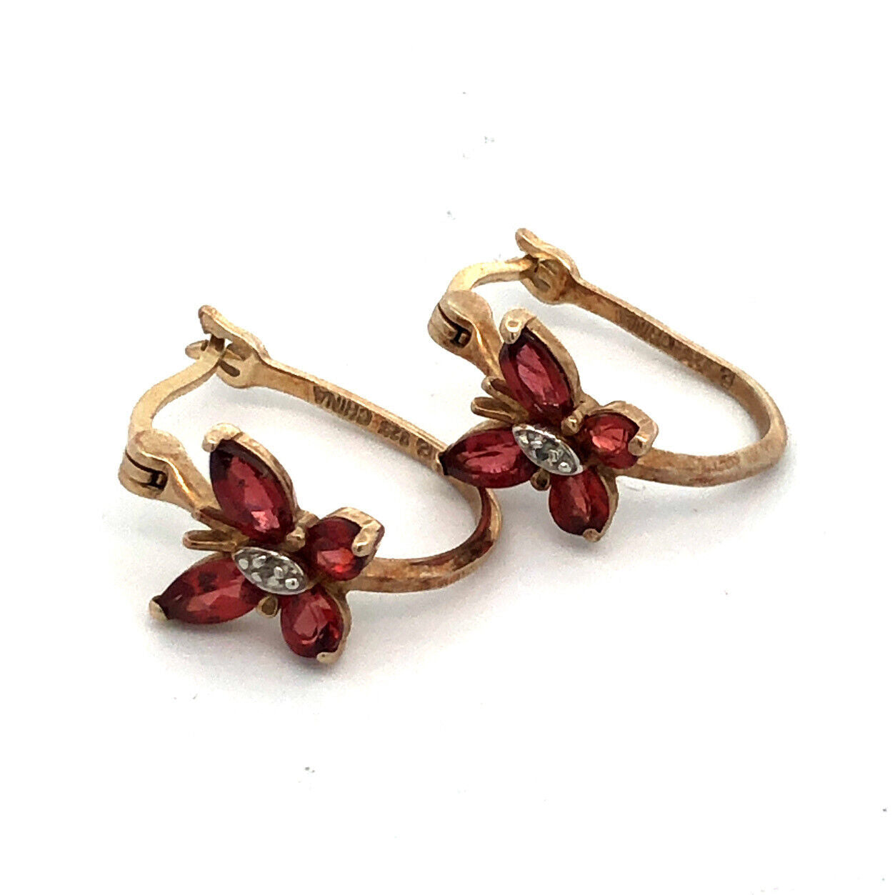 Designer 925 Sterling Silver Vermeil Garnet Diamond Butterfly Hoop Earrings